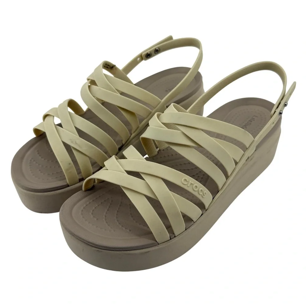 Crocs Brooklyn Strappy Low Wedge Sandal Bone Cream Women 9 Comfort LiteRide Y2K